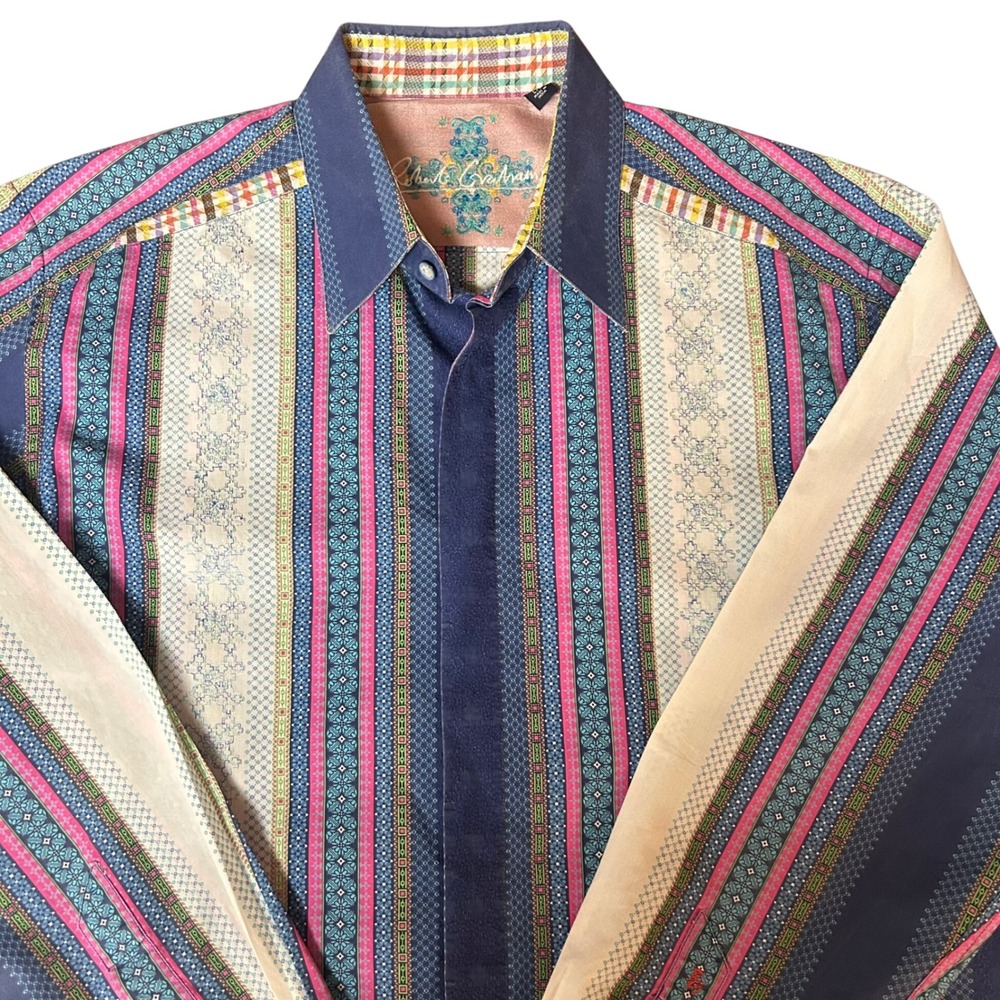 Robert Graham Mens L Blue Pink Striped Western Rodeo Button Down Cotton Silk - Picture 2 of 9